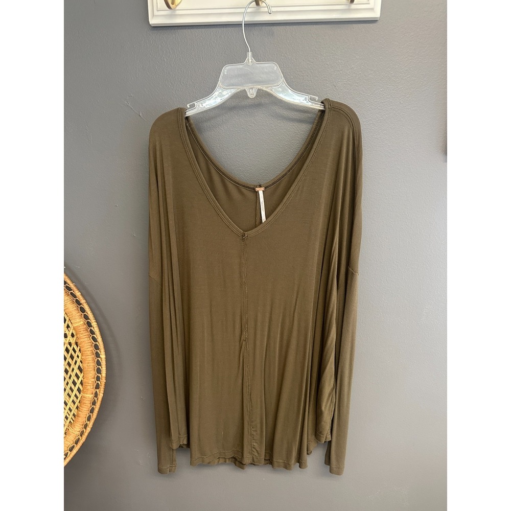 Free People Moonshine Tunic Top Womens Oversized M Long Sleeve Green V-Neck